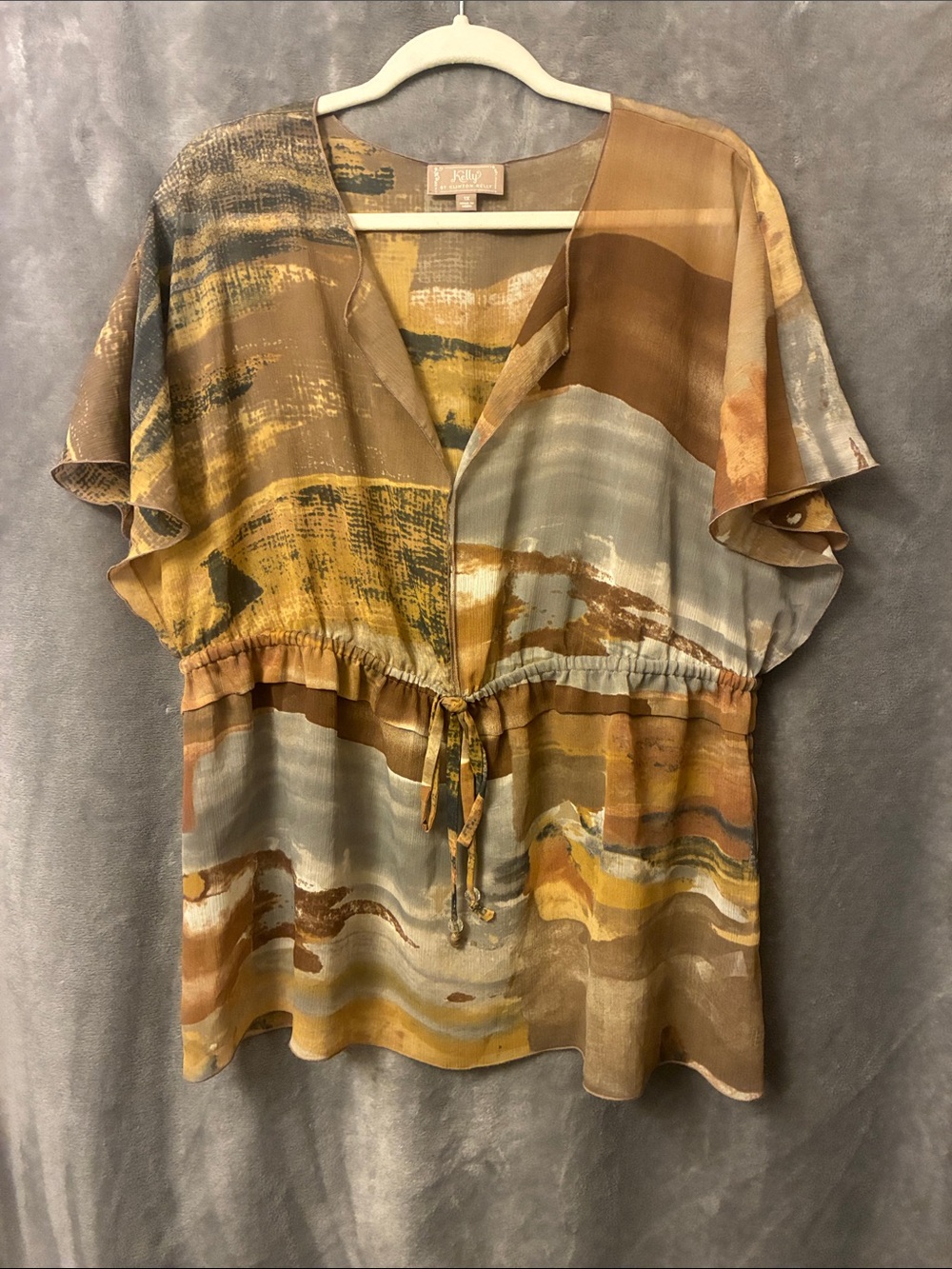 Clinton Kelly 1X. EUC. Mixed Print Drawstring Waist Blouse - Ochre Multi